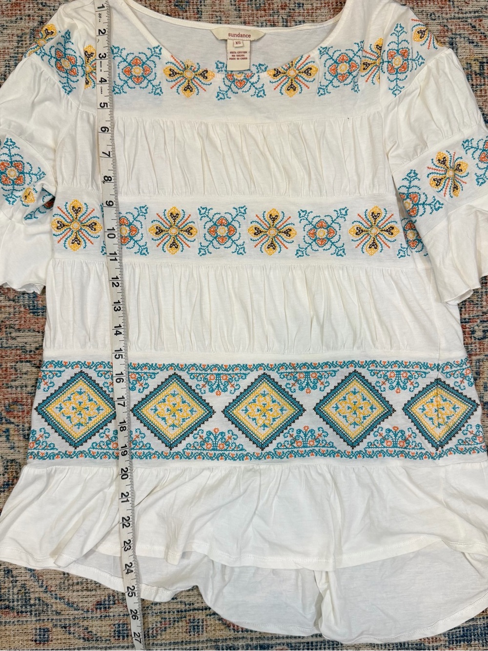 Sundance Cassandra Top Boho Southwestern 100%Cotton Floral Peasant Blouse XS - Picture 7 of 8